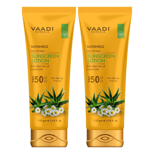 Organic Sunscreen Lotion SPF 50 with Aloe Vera & Chamomile - Non Greasy - Long Lasting - Soothes Burnt Skin (2 x 110 ml/ 4 fl oz)