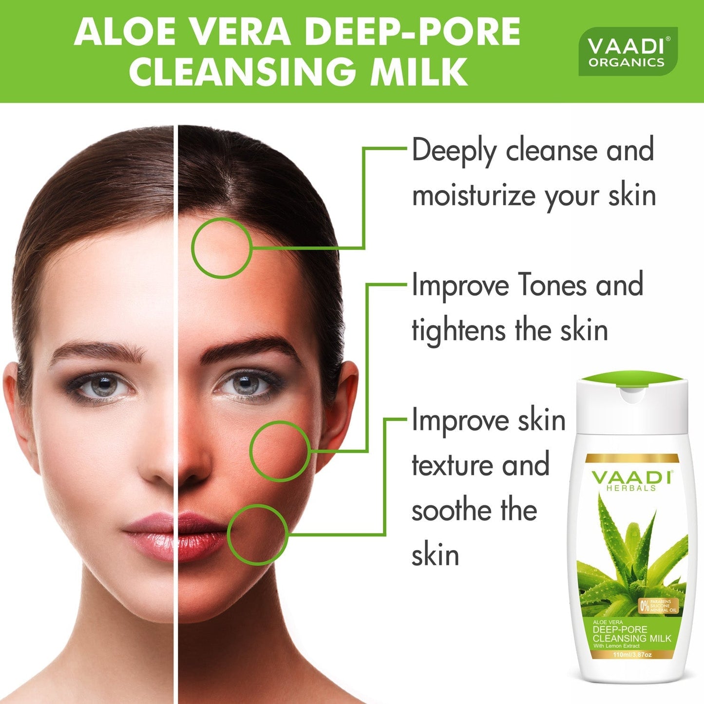 Organic Aloe Vera Deep Pore Cleansing Milk with Lemon Extract - Cleanses Skin (3 x 110 ml/ 4 fl oz)