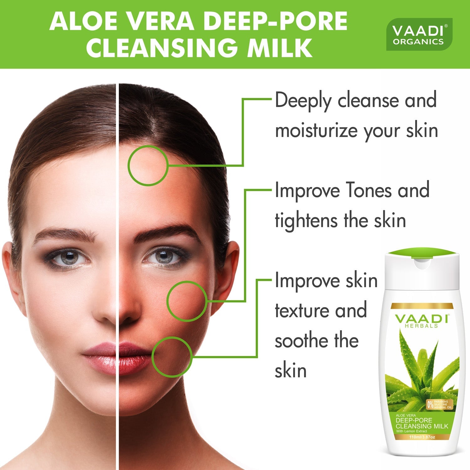Organic Aloe Vera Deep Pore Cleansing Milk with Lemon Extract - Cleanses Skin (3 x 110 ml/ 4 fl oz)