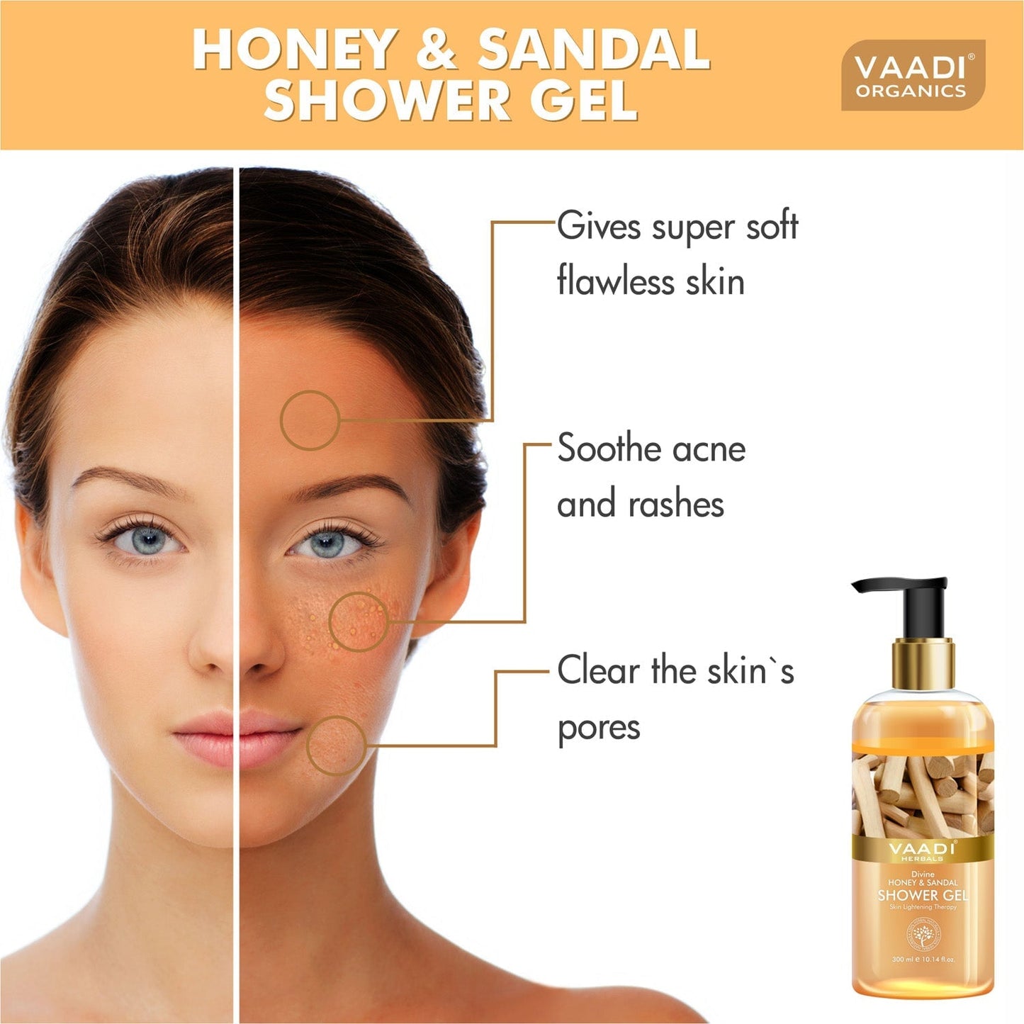 Organic Divine Honey & Sandal Shower Gel- Skin Toning Therapy (3 x 300 ml / 10.2 fl oz)