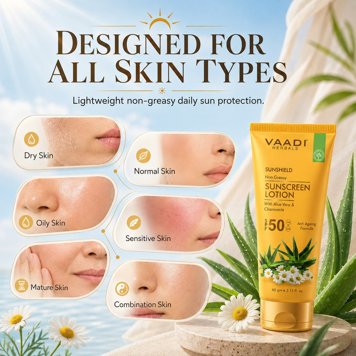 Sunscreen Lotion SPF 50 with Aloe Vera & Chamomile - Non Greasy - Long Lasting - Soothes Burnt Skin (110 ml/ 4 fl oz)