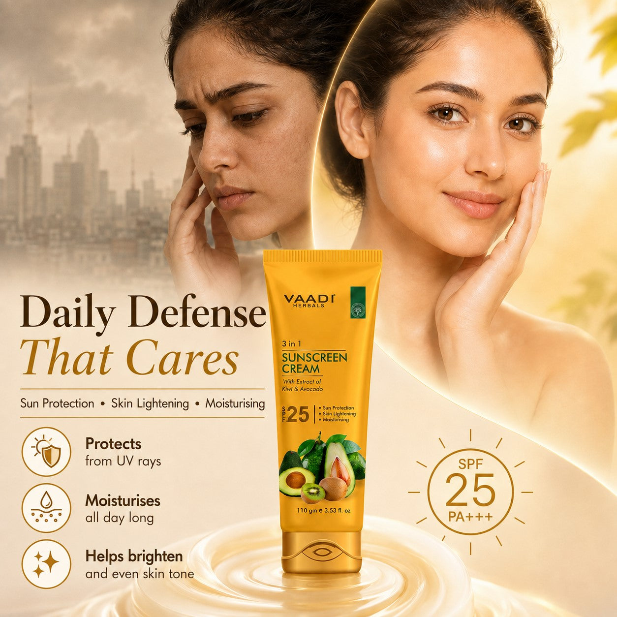 Sunscreen Cream SPF 25 with Kiwi & Avocado Extract - Protects & Nourishes Skin - Enhances Complexion (3 x 110 gms / 4 oz)
