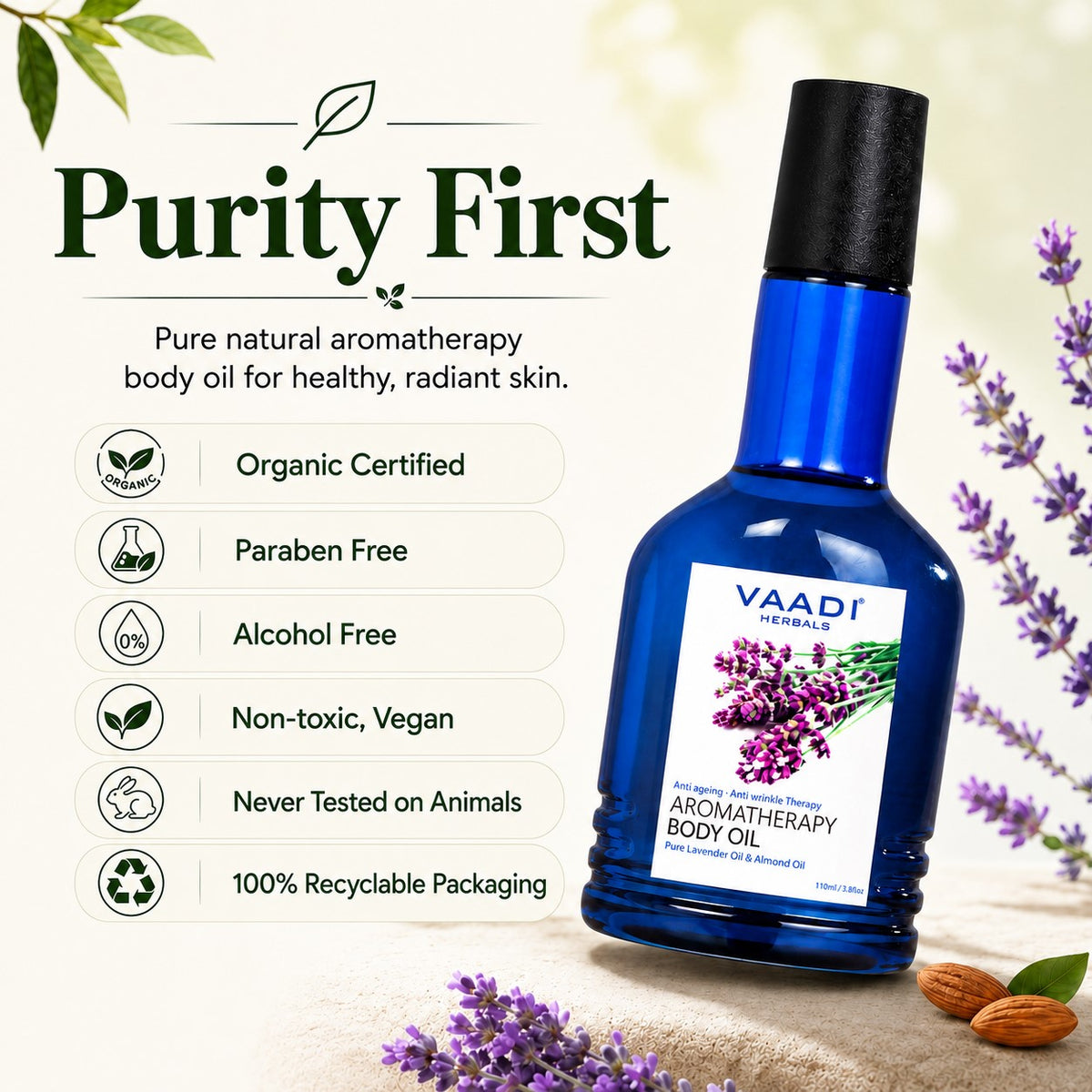 Lavender Body Oil with Almond Extract - Aromatherapy - Anti Ageing (110ml /3.87 fl oz)