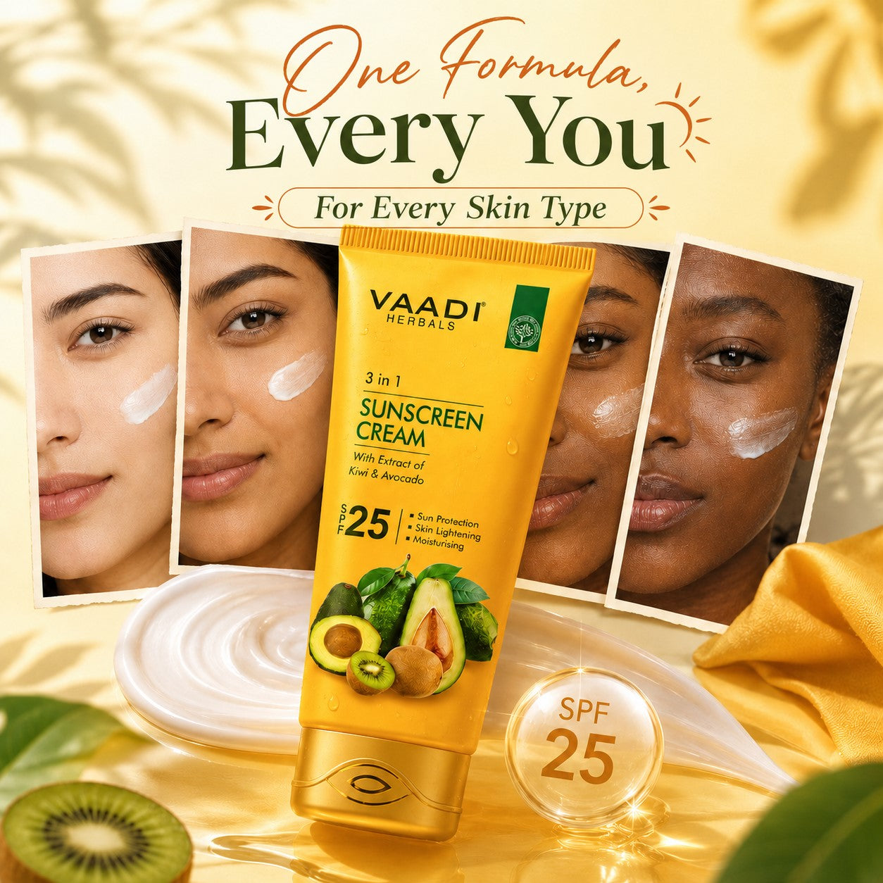 Sunscreen Cream SPF 25 with Kiwi & Avocado Extract - Protects & Nourishes Skin - Enhances Complexion (3 x 110 gms / 4 oz)