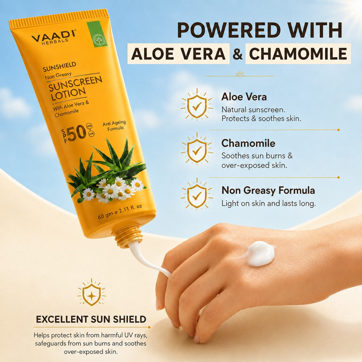 Sunscreen Lotion SPF 50 with Aloe Vera & Chamomile - Non Greasy - Long Lasting - Soothes Burnt Skin (110 ml/ 4 fl oz)