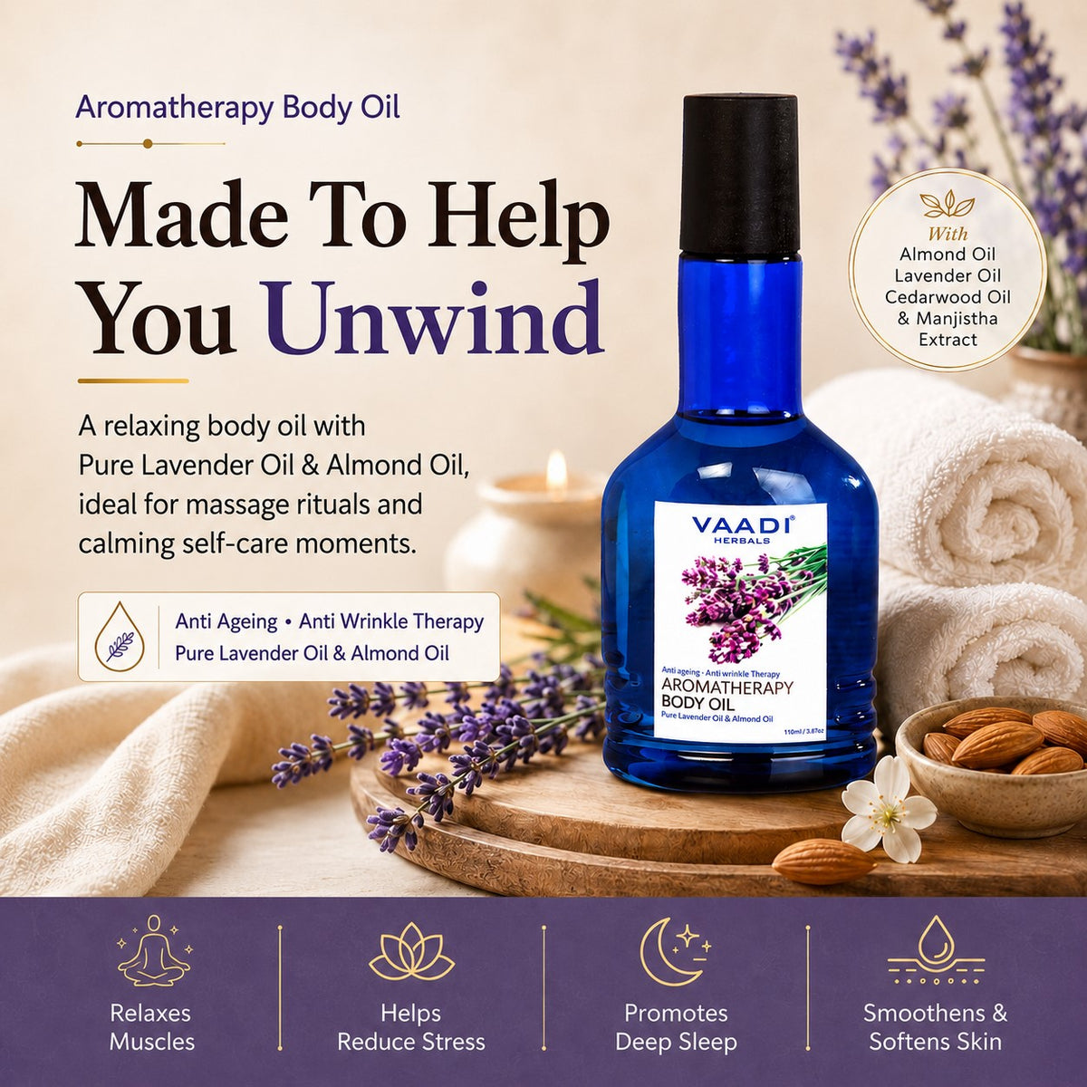Lavender Body Oil with Almond Extract - Aromatherapy - Anti Ageing (110ml /3.87 fl oz)
