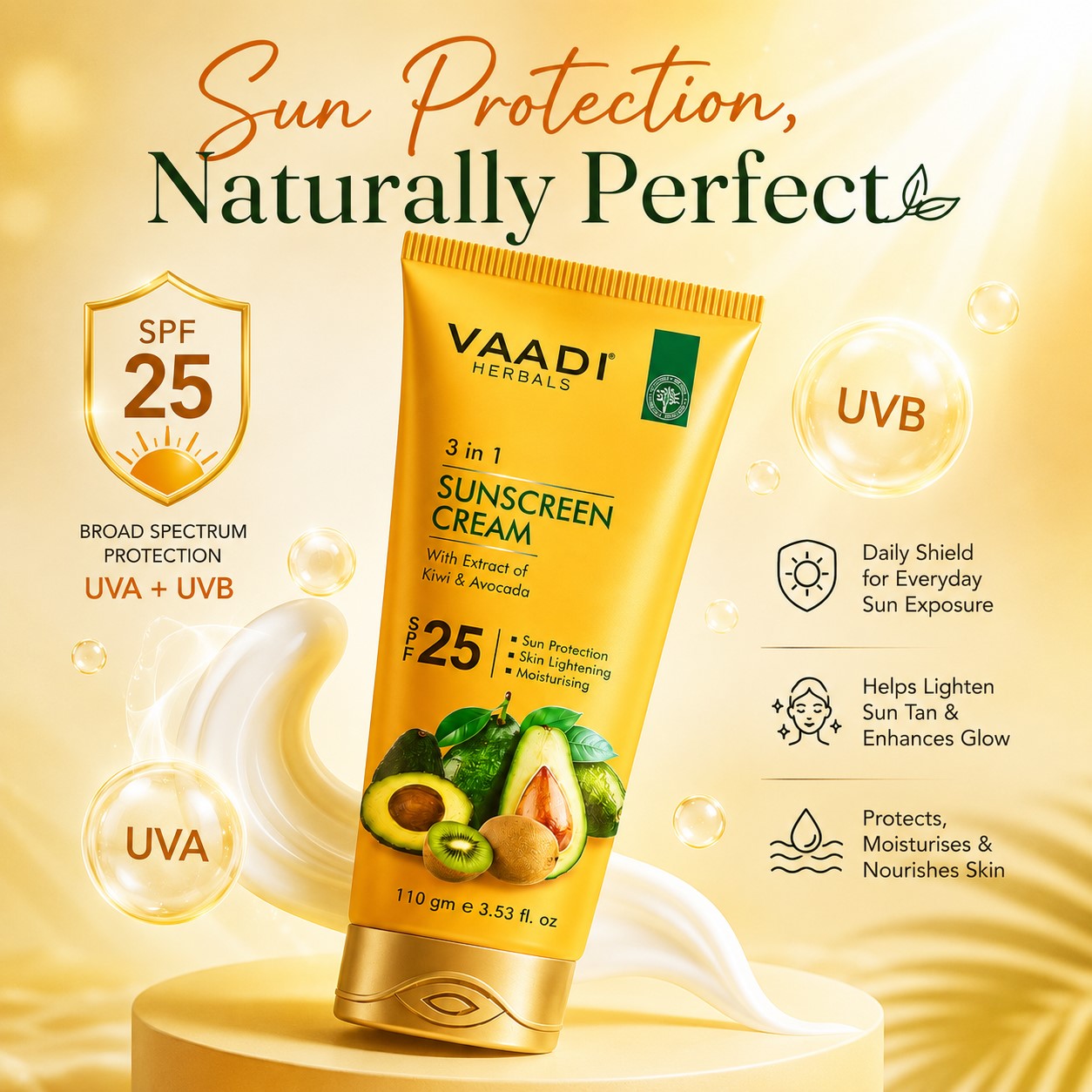 Sunscreen Cream SPF 25 with Kiwi & Avocado Extract - Protects & Nourishes Skin - Enhances Complexion (3 x 110 gms / 4 oz)