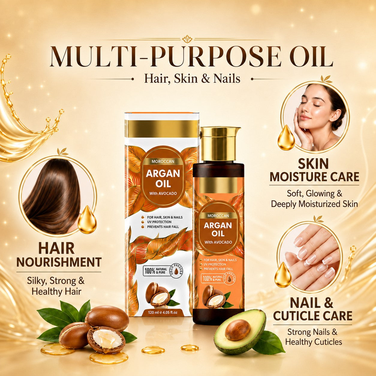 Cold Pressed Morrocon Argan Oil with Avocado- For Hair, Skin & Nails- Promotes Hair Growth- Skin Moisturisation-Healthy Nail Growth - UV Protection- (120 ml / 4.05 oz)