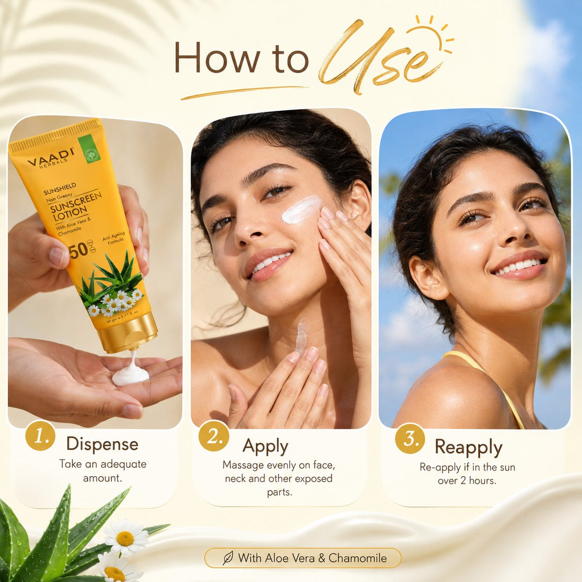 Sunscreen Lotion SPF 50 with Aloe Vera & Chamomile - Non Greasy - Long Lasting - Soothes Burnt Skin (110 ml/ 4 fl oz)