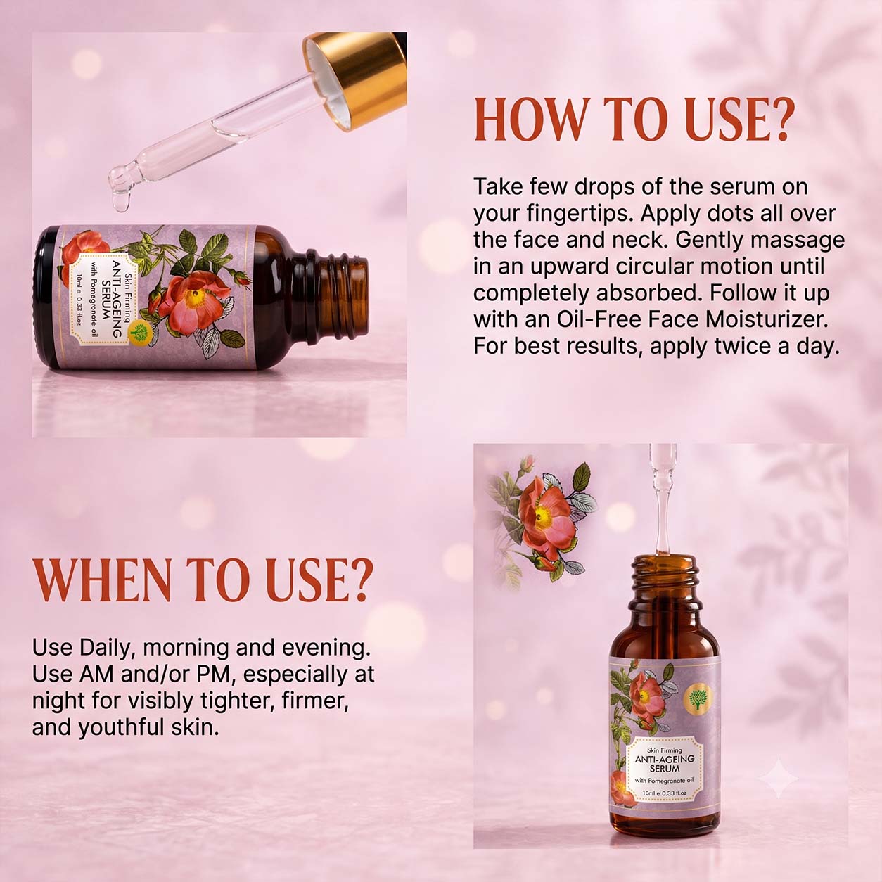 Vitamin E Anti Ageing Serum with Pomegranate Oil - Reduces Fine Lines, Lightens Wrinkles & Brightens Complexion (10 ml/ 0.33 oz)