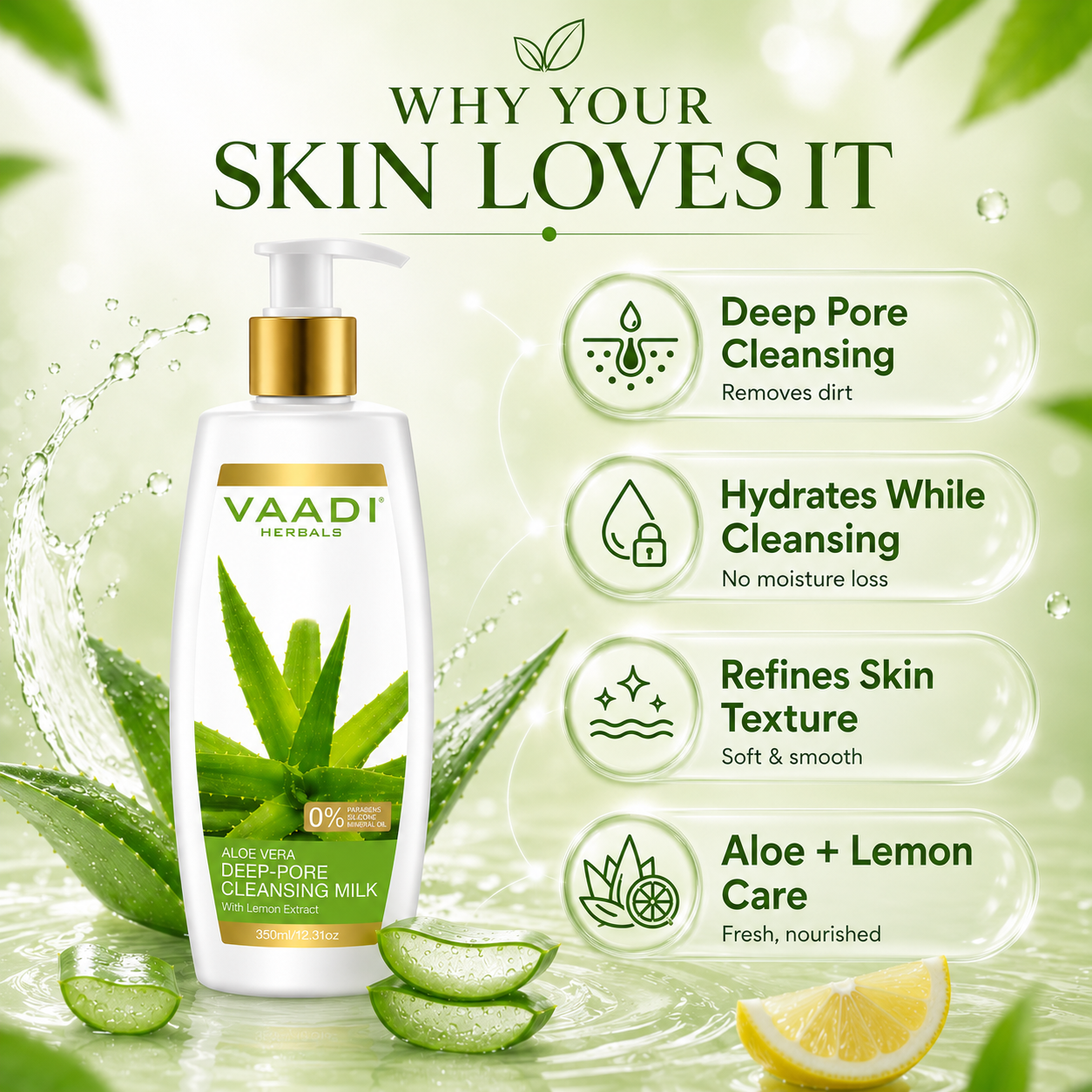 Aloe Vera Deep Pore Cleansing Milk with Lemon Extract - Softens Skin (350 ml/ 12 fl oz)