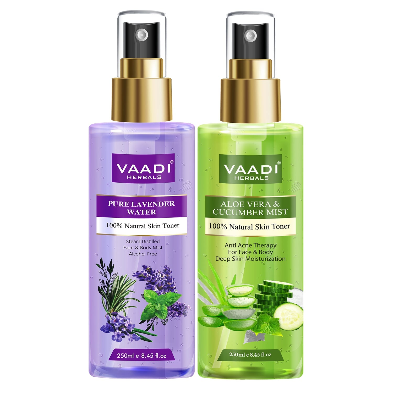 Pack of 2 Skin Toners - Lavender Water and Aloe Vera & Cucumber Mist - 100% Natural & Pure (2 x 250 ml / 8.5 fl oz)