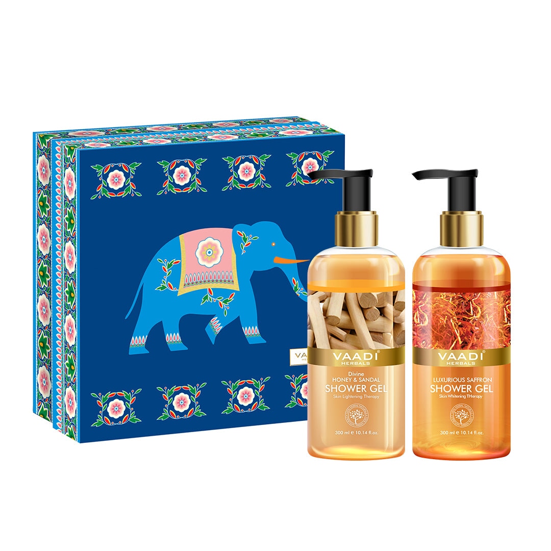 Royal India Organic Shower Gels Gift Box - Luxurious Saffron & Divine Honey and Sandal 300 ml - Exotic Bathing Experience