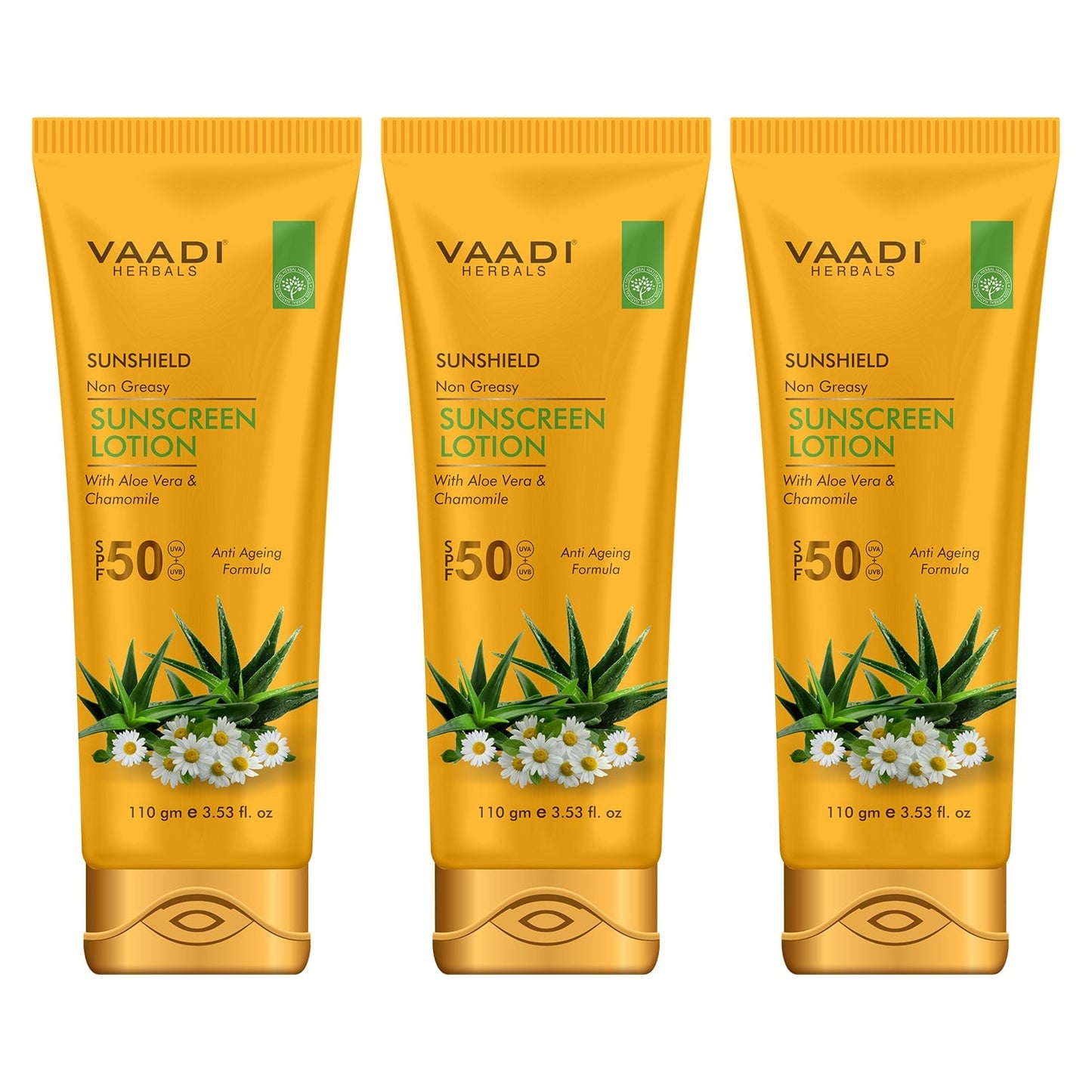 Sunscreen Lotion SPF 50 with Aloe Vera & Chamomile - Non Greasy - Long Lasting - Soothes Burnt Skin (3 x 110 ml/ 4 fl oz)