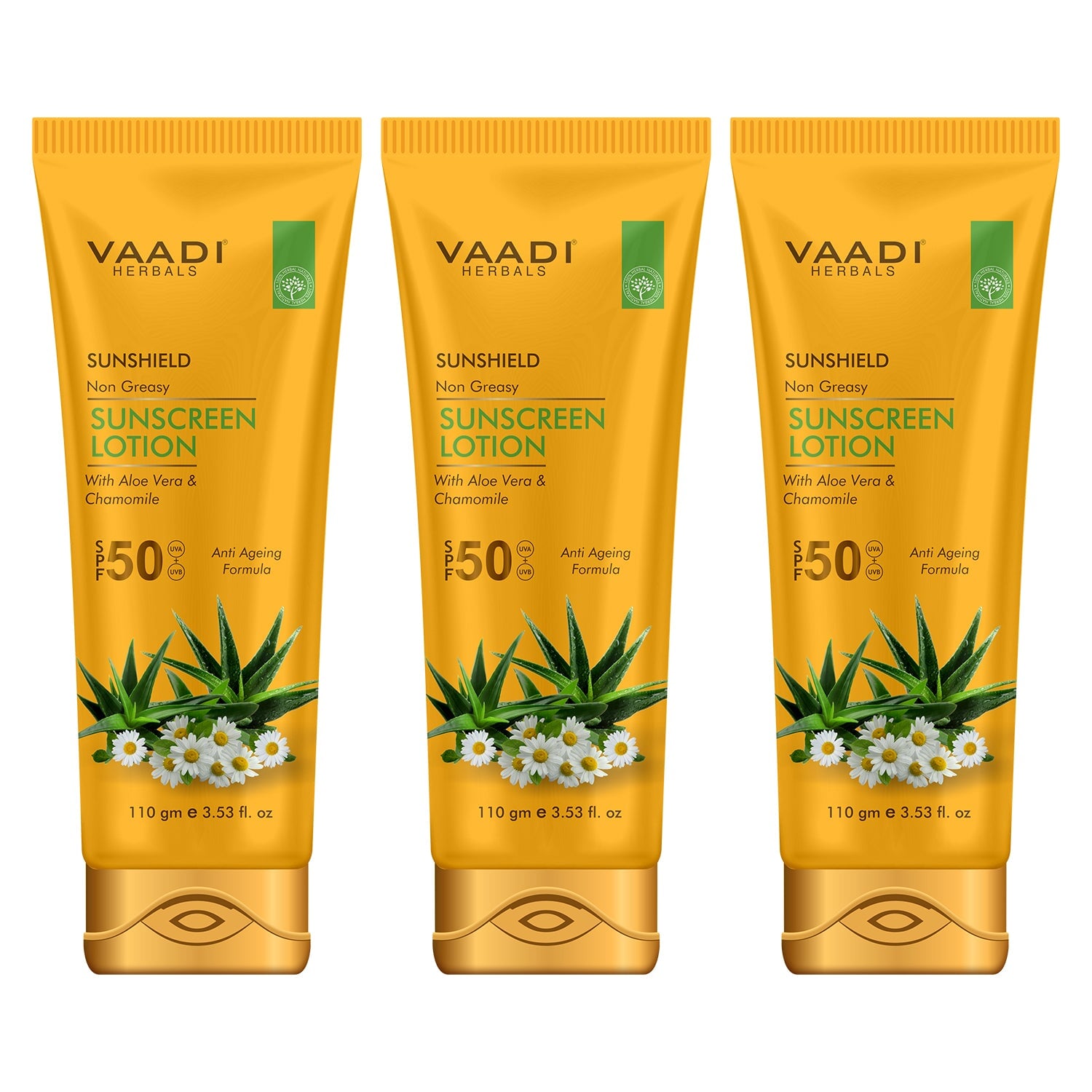 Sunscreen Lotion SPF 50 with Aloe Vera & Chamomile - Non Greasy - Long Lasting - Soothes Burnt Skin (3 x 110 ml/ 4 fl oz)