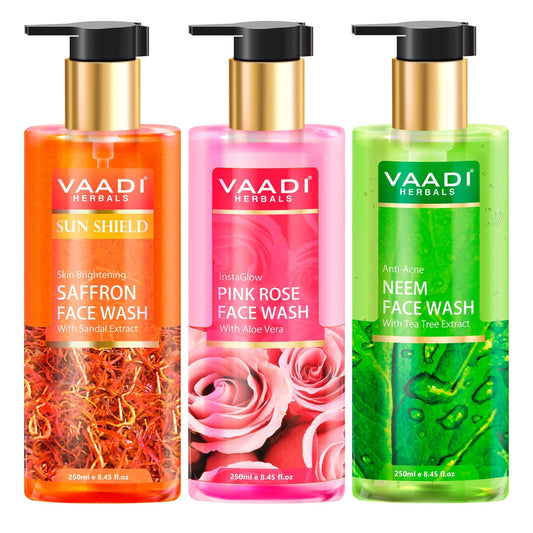 Pack of 3 Luxurious Face Wash - Skin Whitening Saffron, Anti-Acne Neem & Insta Glow Pink Rose Face Wash(3 x 250 ml / 8.45 fl oz)