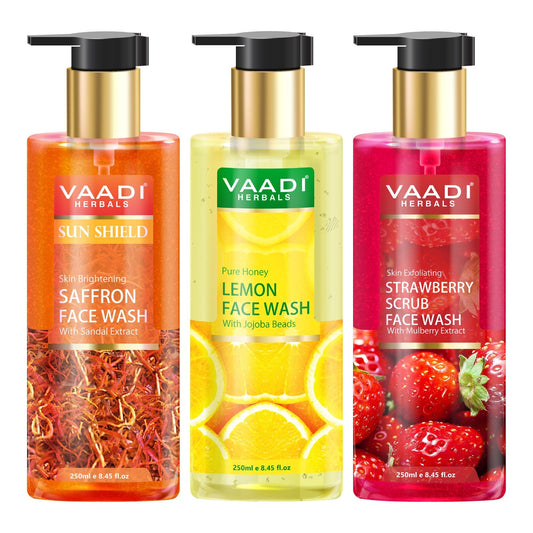 Pack of 3 Luxurious Face Wash - Skin Whitening Saffron, Strawberry Scrub & Pure Honey Lemon (3 x 250 ml / 8.45 fl oz)