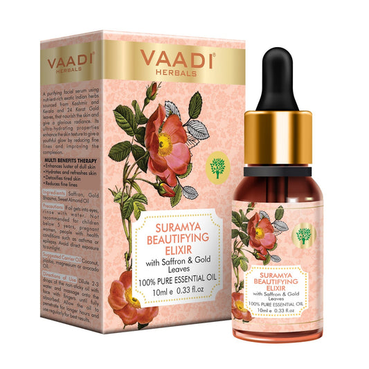 Suramya Beautifying Elixr (Pure Mix of Saffron, 24k Gold Leaves & Sweet Almond Oil) - Reduces Fine Lines, Improves Skin Complexion & Gives a Natural Glow (10 ml/ 0.33 oz)