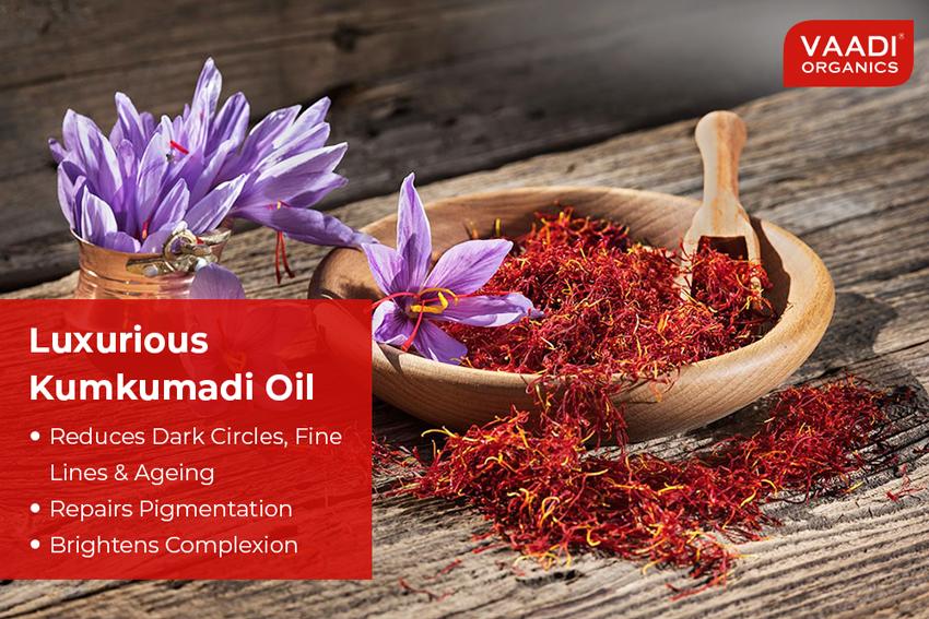 Organic Luxurious Kumkumadi Oil (Pure Mix of Saffron, Sandalwood, Manjistha & Almond Oil) - Reduces Dark Circles, Pigmentation & Brightens Complexion (10 ml/ 0.33 oz)