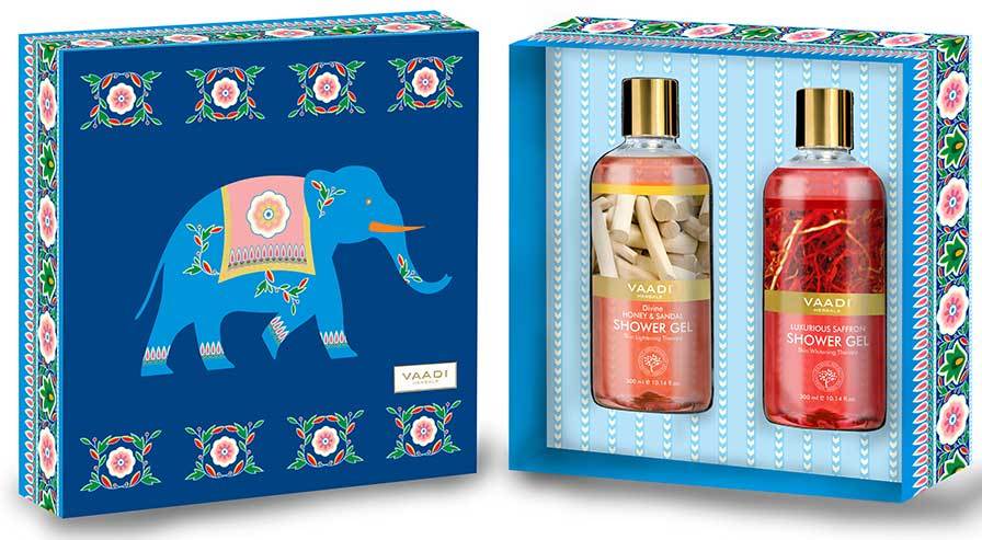 Royal India Organic Shower Gels Gift Box - Luxurious Saffron & Divine Honey and Sandal 300 ml - Exotic Bathing Experience