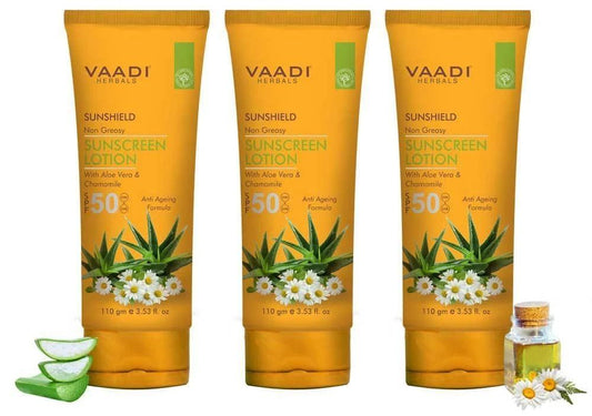 Organic Sunscreen Lotion SPF 50 with Aloe Vera & Chamomile - Non Greasy - Long Lasting - Soothes Burnt Skin (3 x 110 ml/ 4 fl oz)
