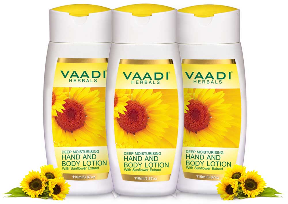 Organic Hand & Body Lotion with Sunflower Extract - Enhances Water Retention in Skin - Keeps Skin Soft (3 x 110 ml/4 fl oz)